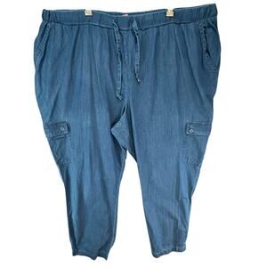 Woman Within Pants Womens 30W Blue Cargo Drawstring Elastic Waist Pockets Cotton